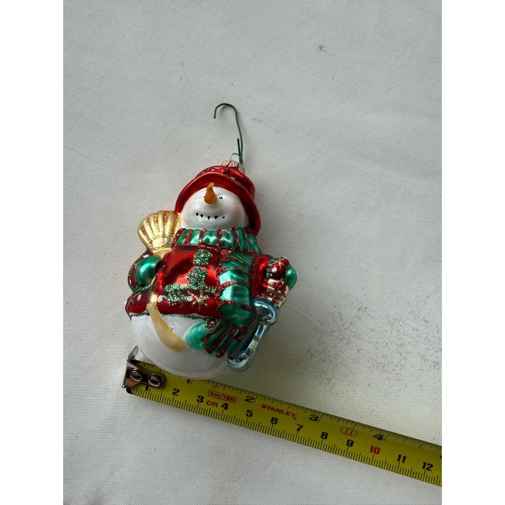 Red Green Blown Glass Snowman Christmas Ornament Glitter Accents 4 Inch Holiday
